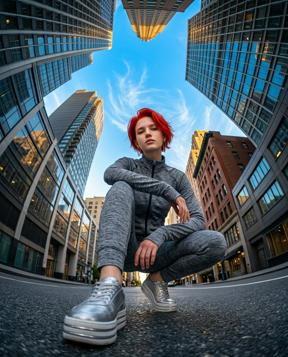 Urban Gaze: Low-Angle Fisheye Portrait on City Streets
