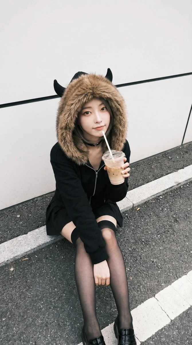 Urban Mischief: Little Devil with Iced Latte on the Curb