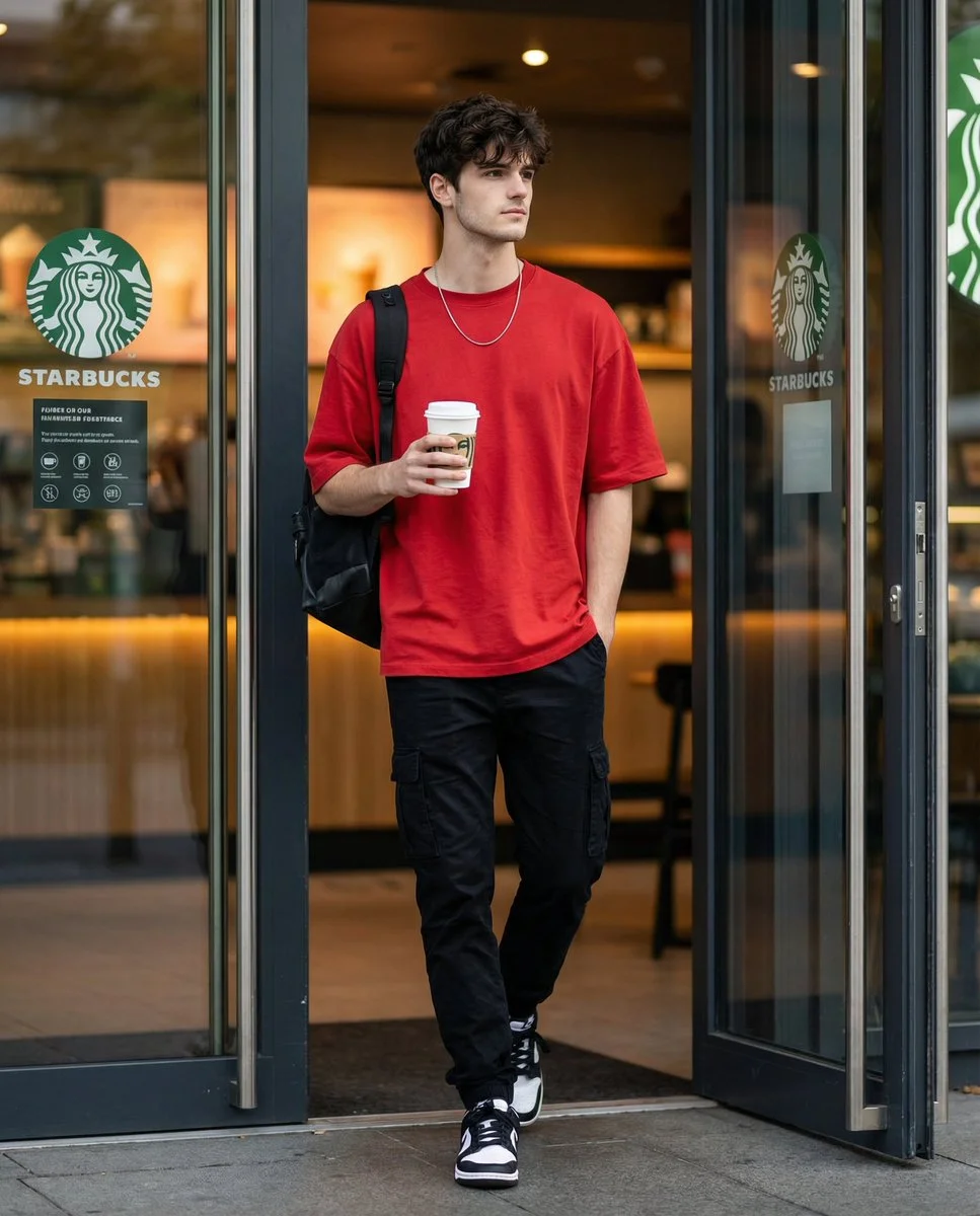 Urban Motion: Stylish Young Man Exiting a Café in Photorealistic Detail