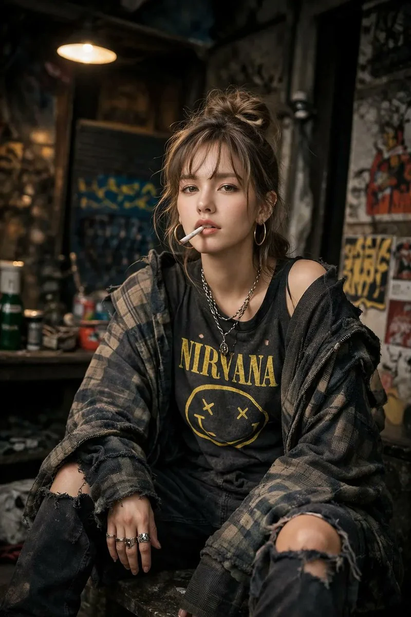 Urban Rebellion: Portrait of a Defiant Woman in Grunge Style