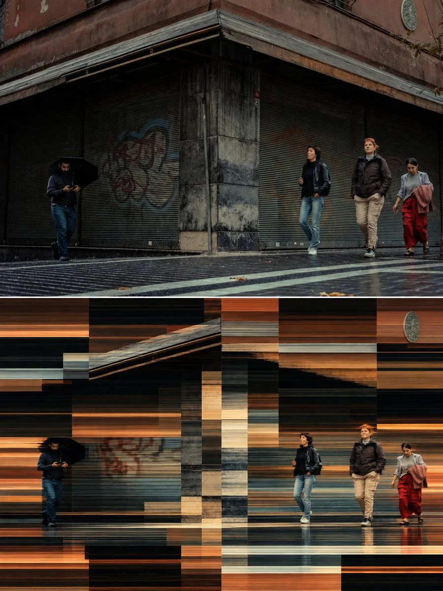 Urban Scene Split by Bold Horizontal Glitch Bands