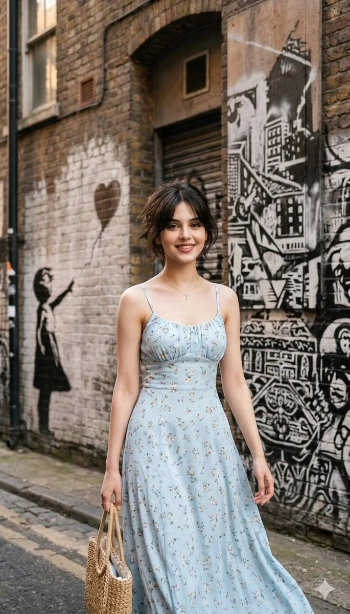 Urban Serenity: Young Woman Amidst Street Art