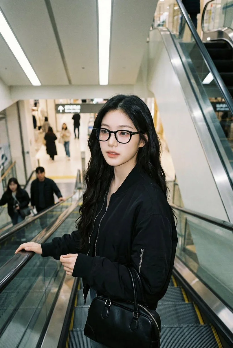 Urban Snapshot of a Woman on the Escalator