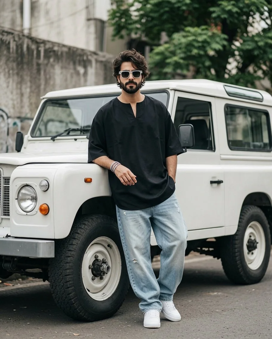 Urban street fashion portrait with vintage SUV and relaxed pose