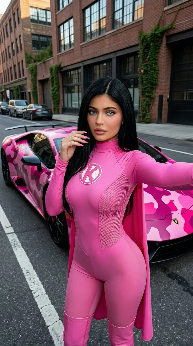 Urban Superheroine in Vibrant Pink Bodysuit with Sleek Sports Car