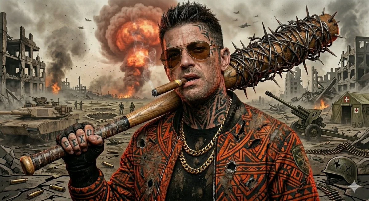 Urban Tribal Warrior with Neon Halo and Bold Streetwear