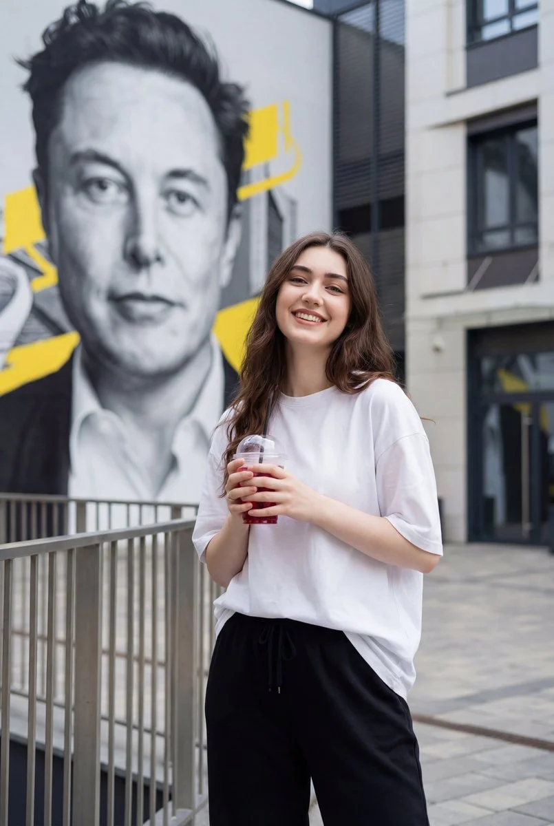 Urban Vibes: Cheerful Portrait Against a Bold Mural