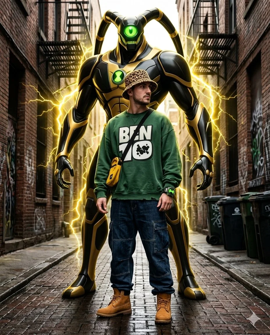 Urban Warrior with Biomechanical Guardian in Hyper-Realistic 8K Detail