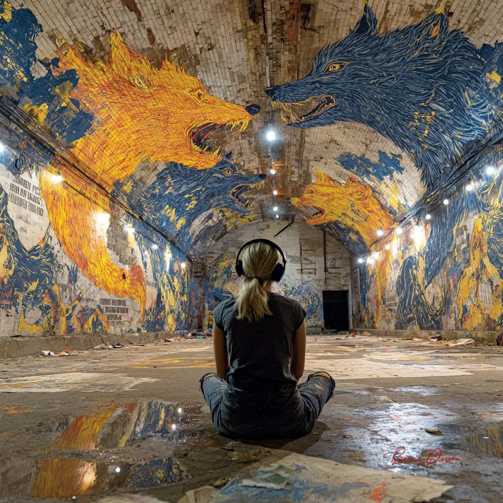 Urban Wolves Unleashed: A Vivid Mural in a Forgotten Tunnel