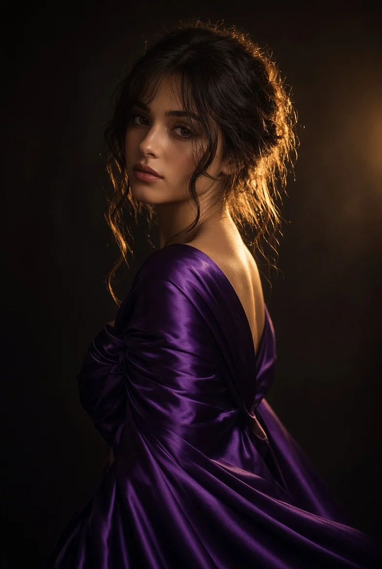 Velvet night whispers through golden light as she turns
