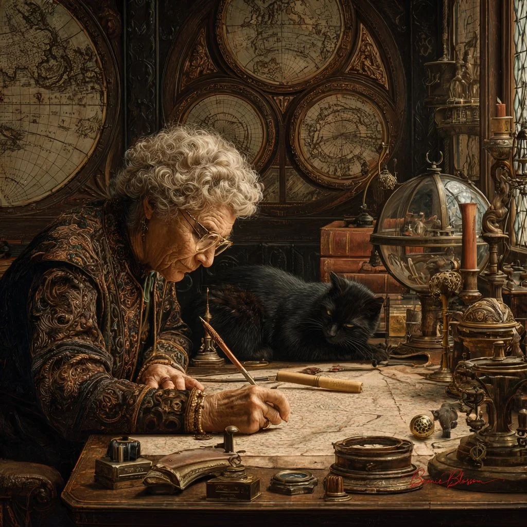 Venetian Cartographer Crafting Imaginary Oceans by Candlelight