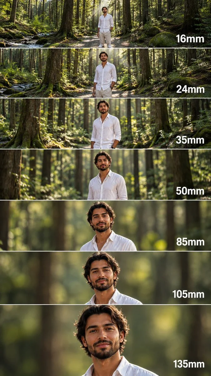 Vertical lens comparison chart shows focal length changes in forest
