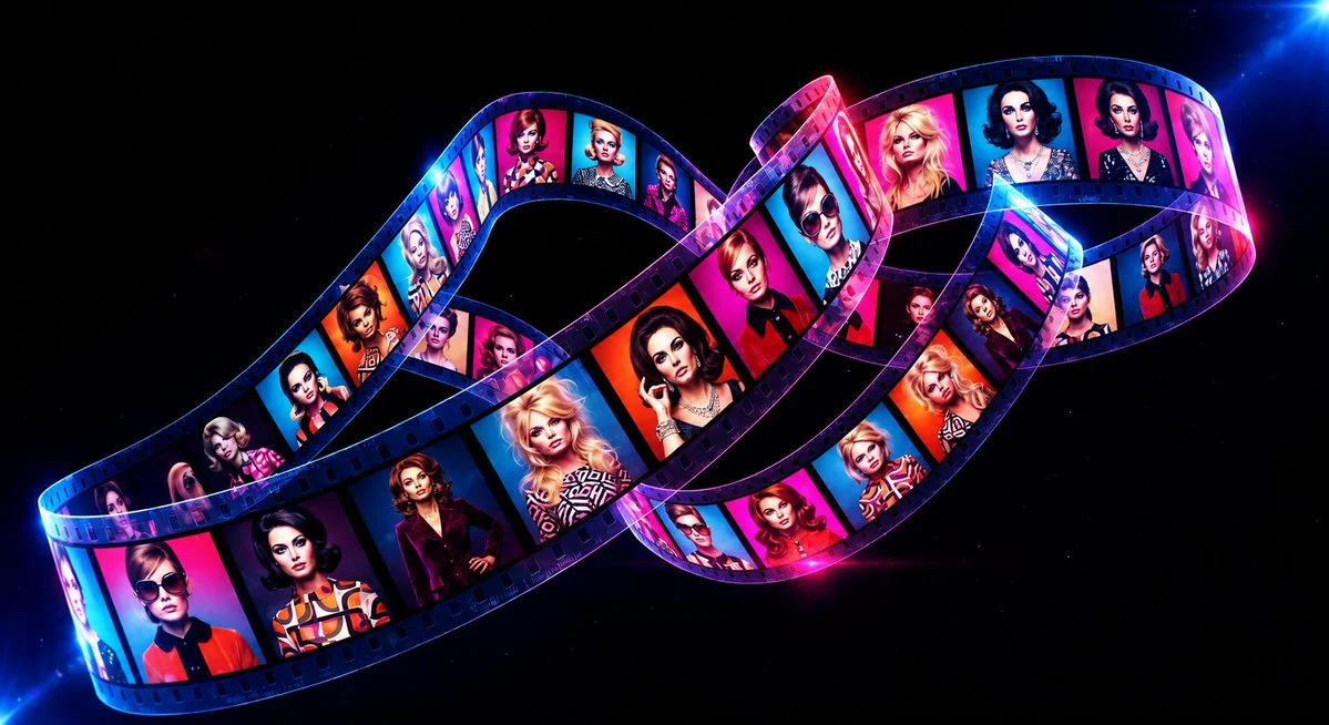 Vibrant 3D Film Reel Showcases Retro Hollywood Glamour