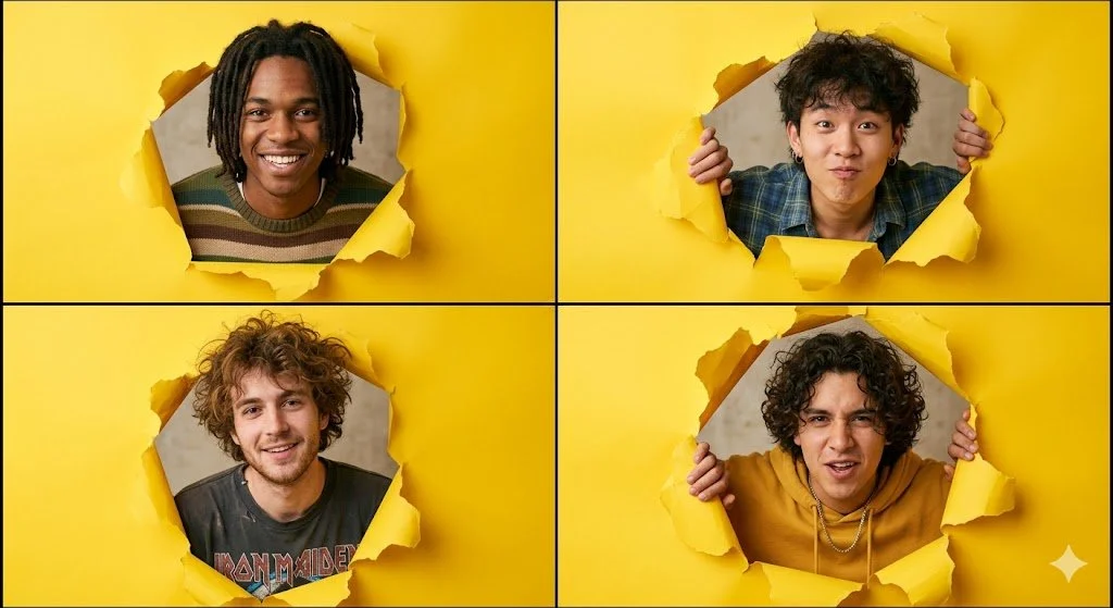 Vibrant 90s Indie-Pop Faces Behind Torn Yellow Paper