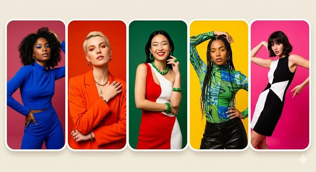 Vibrant Five-Panel Fashion Portrait Collage with Monochrome Backdrops