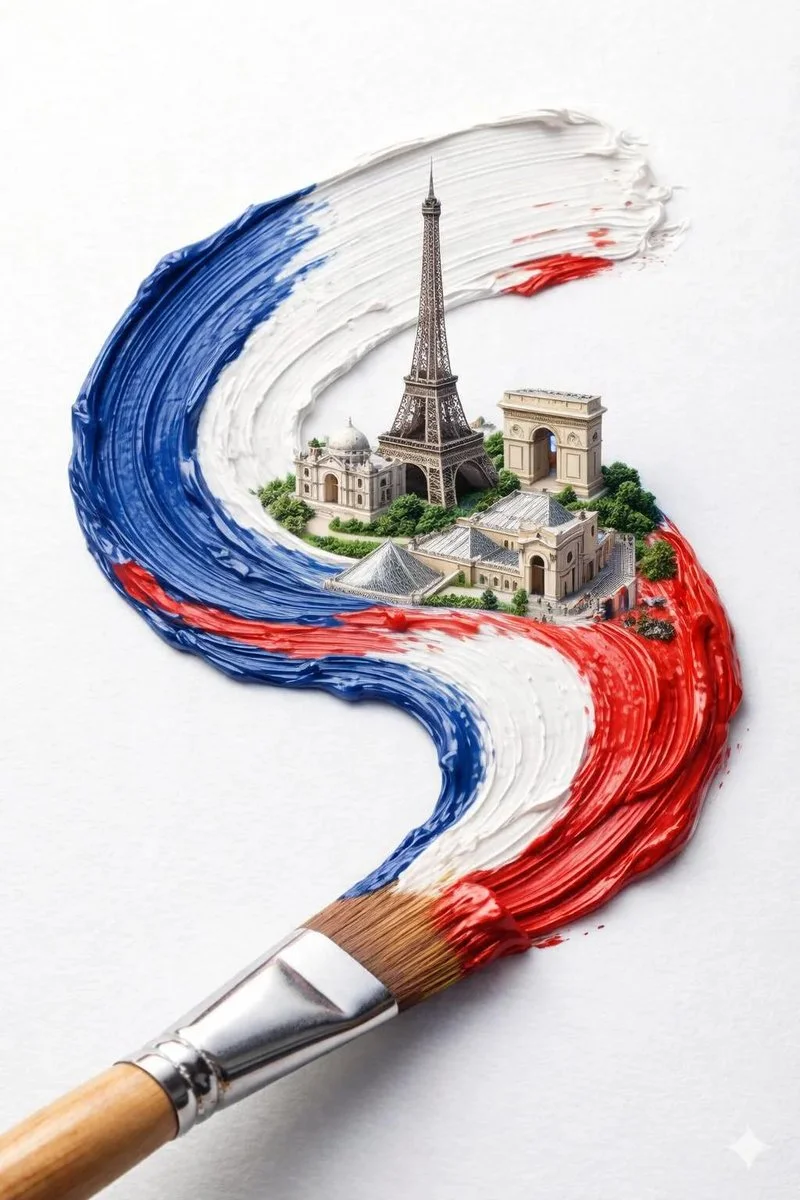 Vibrant Flag Paintstroke with Intricate Miniature Cityscape