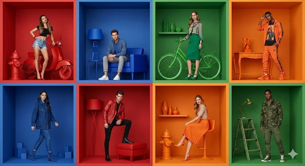 Vibrant Grid of Fashion: 3D Rooms Showcasing Modern Style