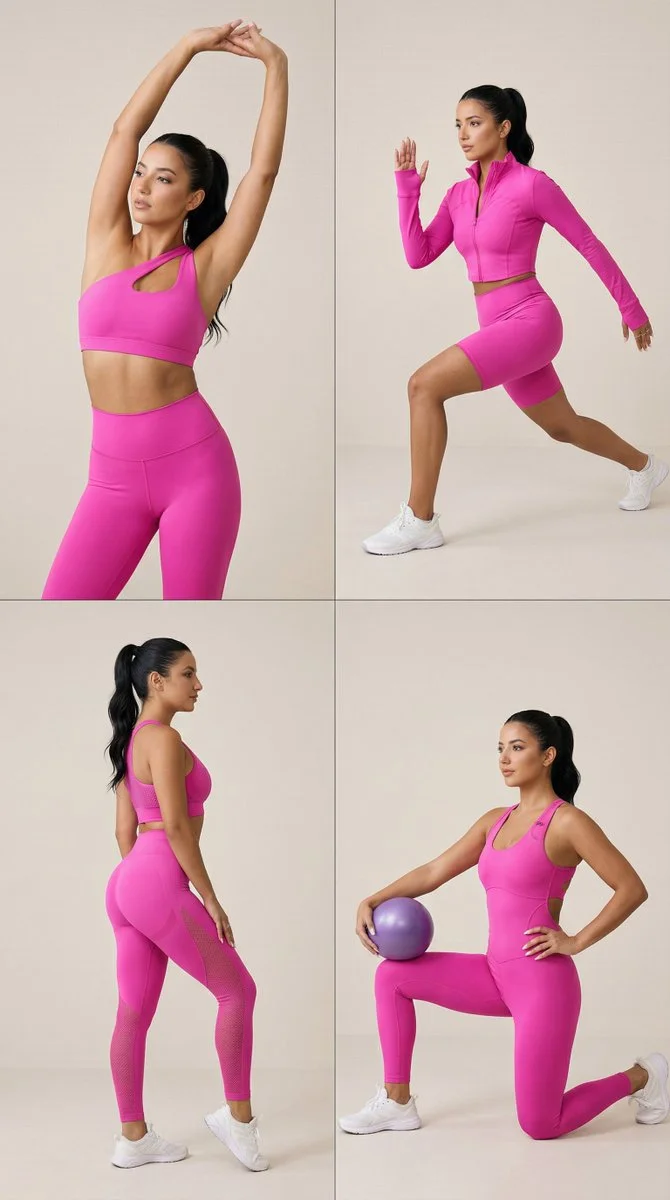 Vibrant Pink Fitness Editorial Grid with Dynamic Poses