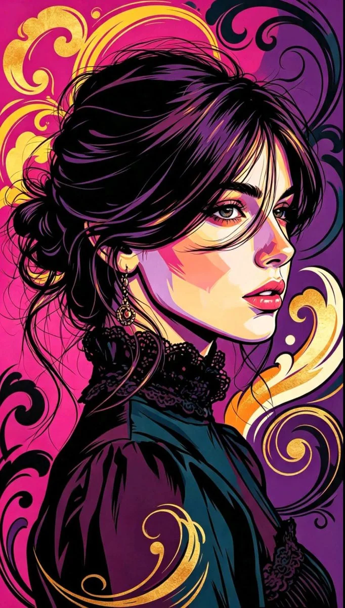 Vibrant pop art face framed by royal violet and lemon yellow curves