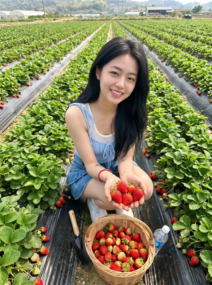 Vibrant redhead captures joyful escape in sunlit strawberry field selfie