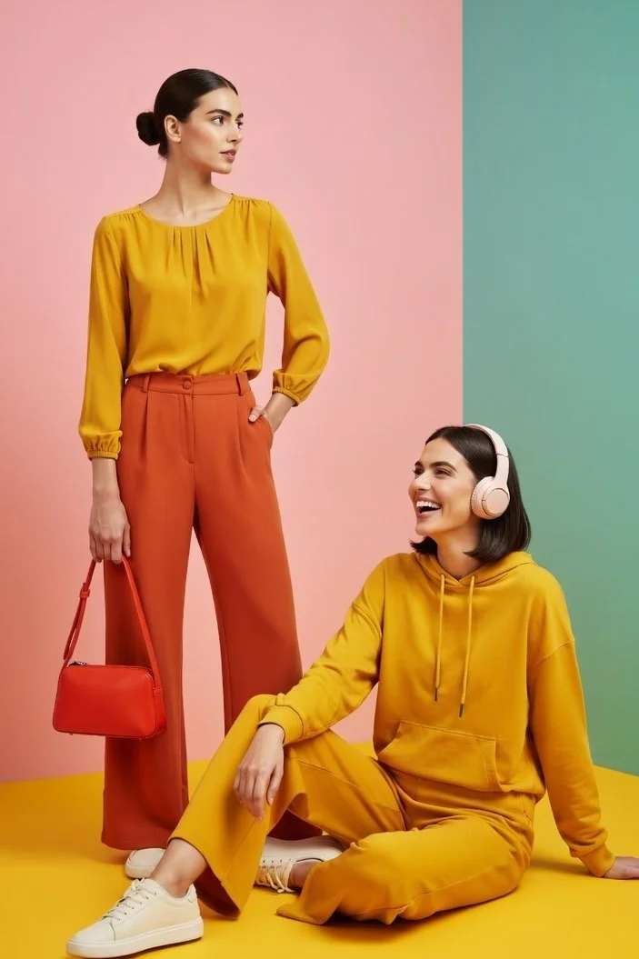 Vibrant Tri-Panel Fashion Story in Bold Pink, Yellow, and Teal