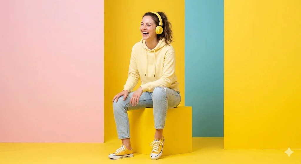 Vibrant Yellow Portrait of Joyful Woman in Minimalist Studio
