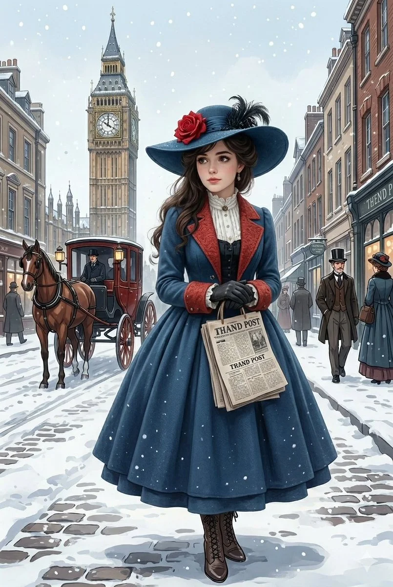 Victorian Elegance in Snow: Woman Strolling Through Historic London