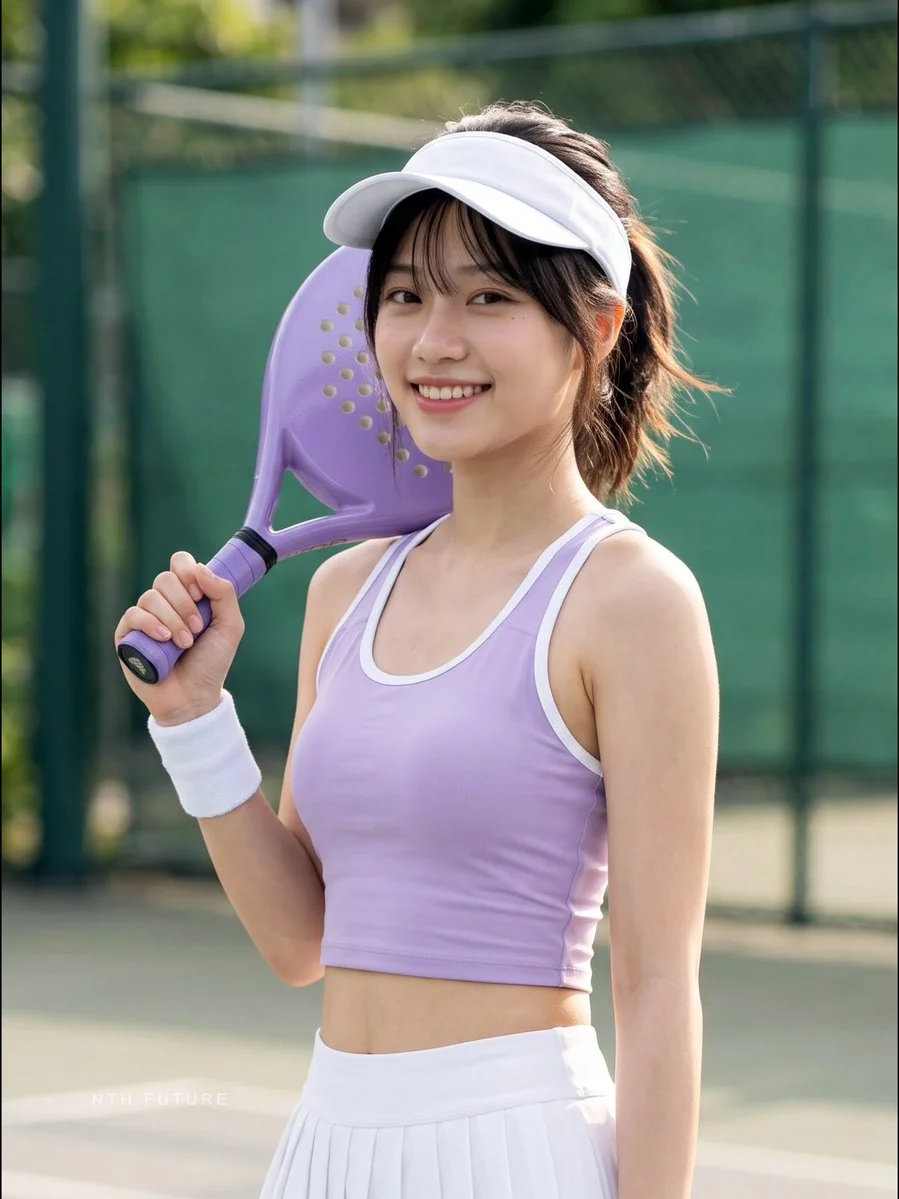 Vietnamese athlete poses with padel racket on sunlit tennis court