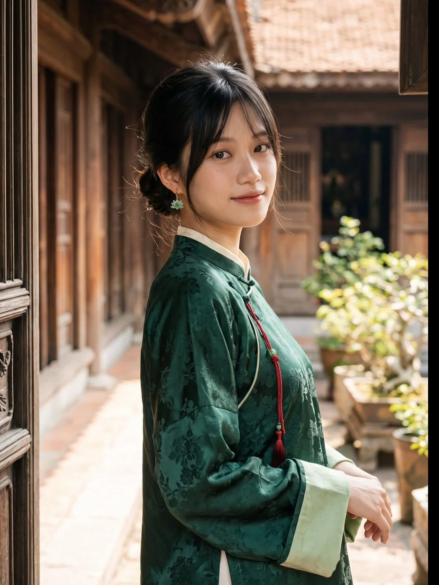 Vietnamese girl in dark green silk dress leans against carved wooden house