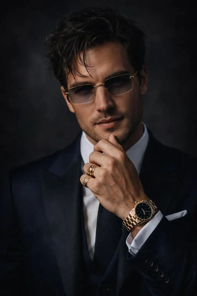 Villain in navy suit poses with gold-rimmed glasses and watch