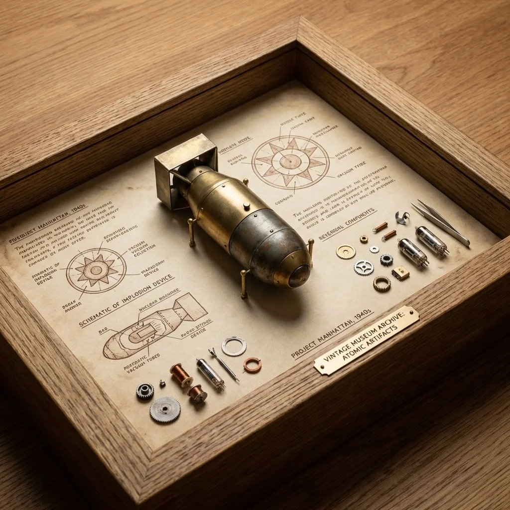 Vintage Archive Macro of Nuclear Bomb Patent and Miniature