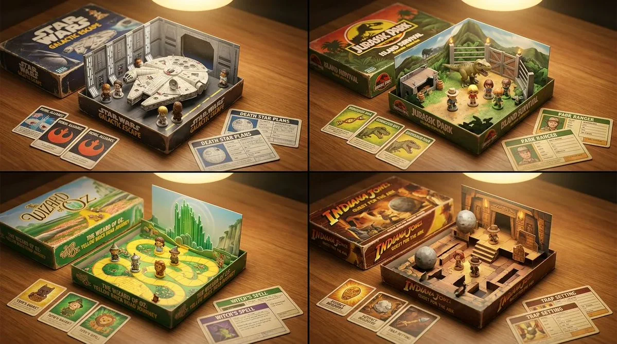 Vintage board game box shows an isometric diorama of a movie scene.