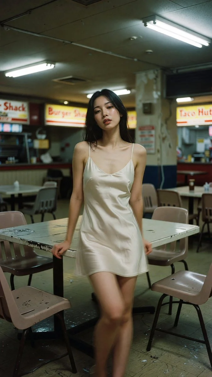 Vintage CCD camera captures a woman's quiet pose in a decayed food court.