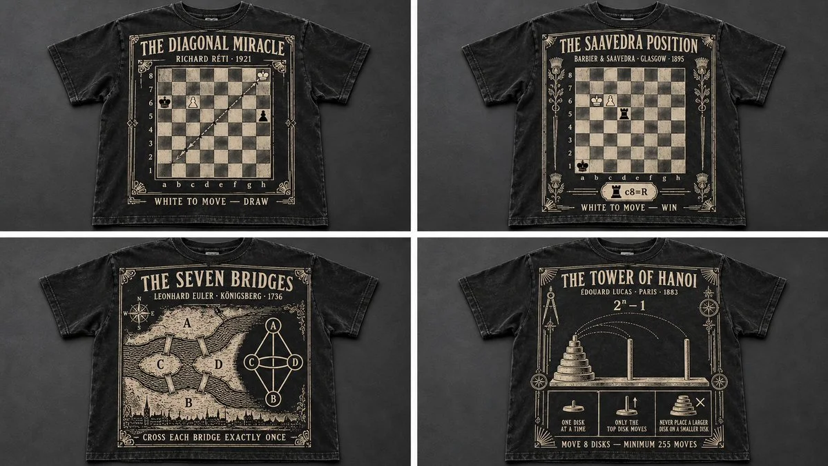 Vintage Chess Puzzle Diagram Printed on Black Washed Cotton T-Shirt