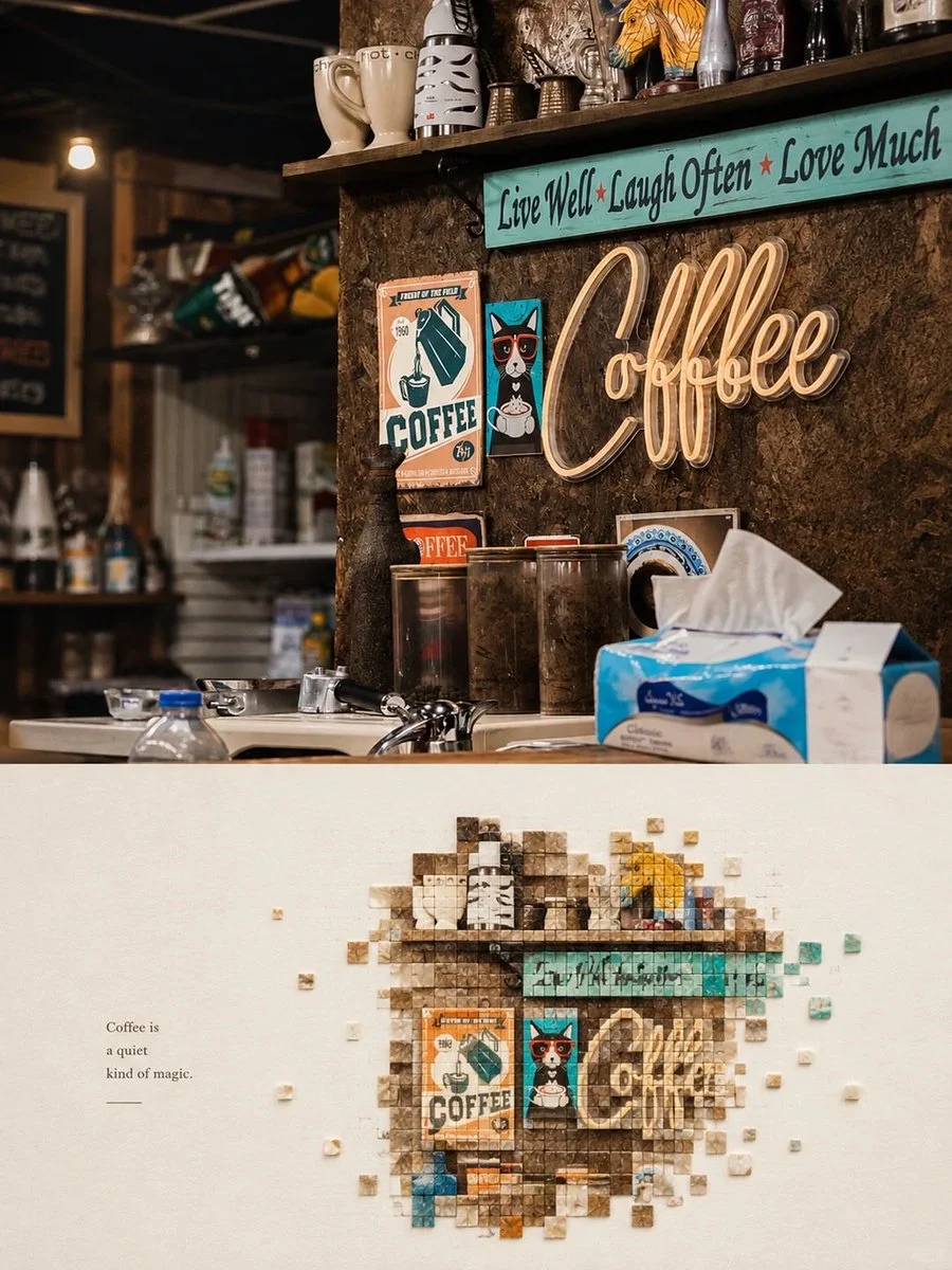 Vintage Coffee Shop Scene Splits Into Pixel Mosaic Art