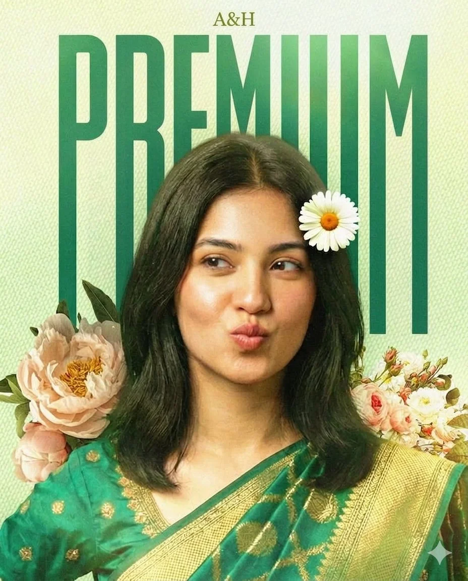 Vintage Elegance: Green Textured Poster with Playful Saree Woman