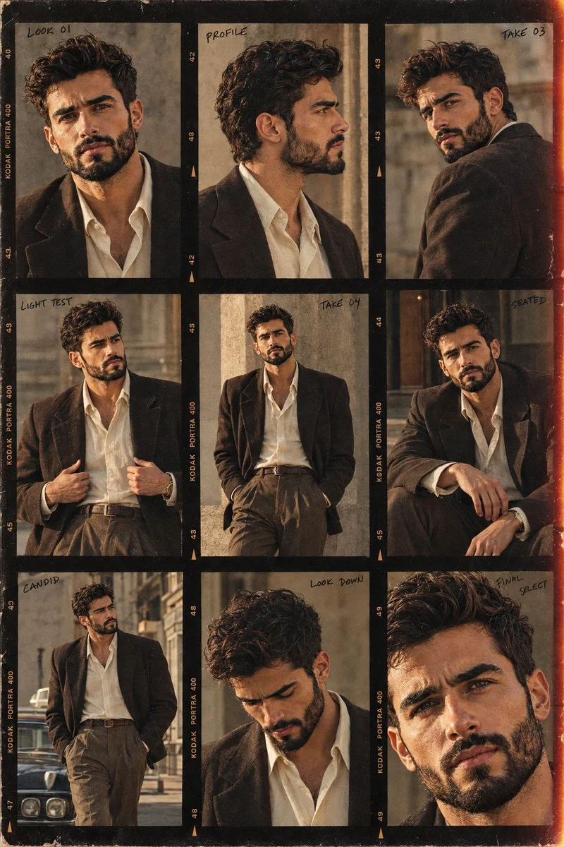 Vintage fashion contact sheet shows nine poses of handsome young man
