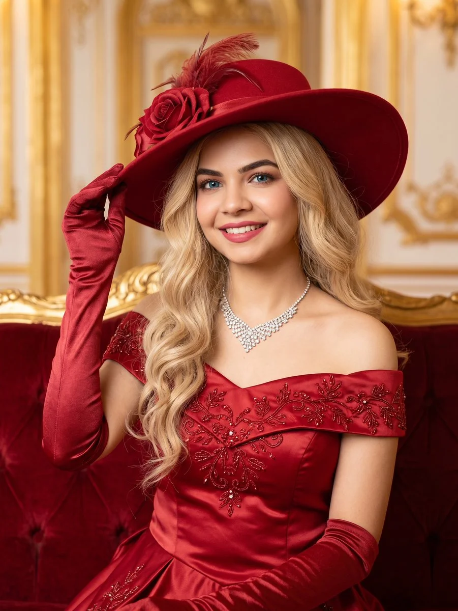 Vintage Glamour Blonde in Red Hat Poses in Opulent Palace