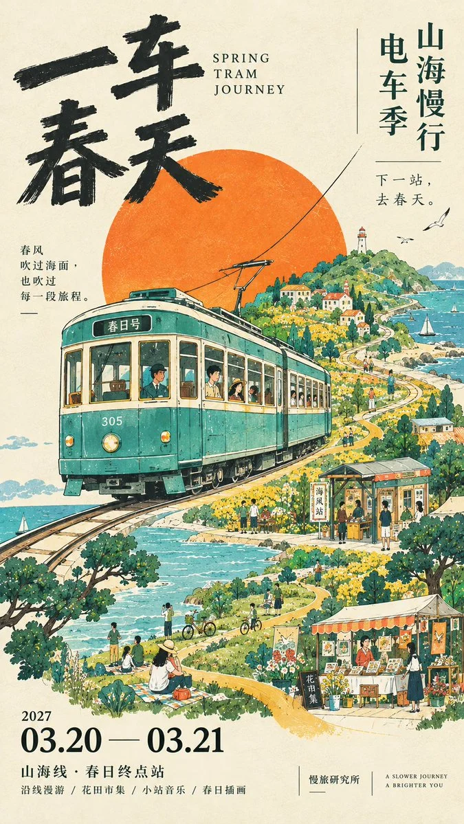 Vintage Japanese tram rolls through flower fields and mountain seas