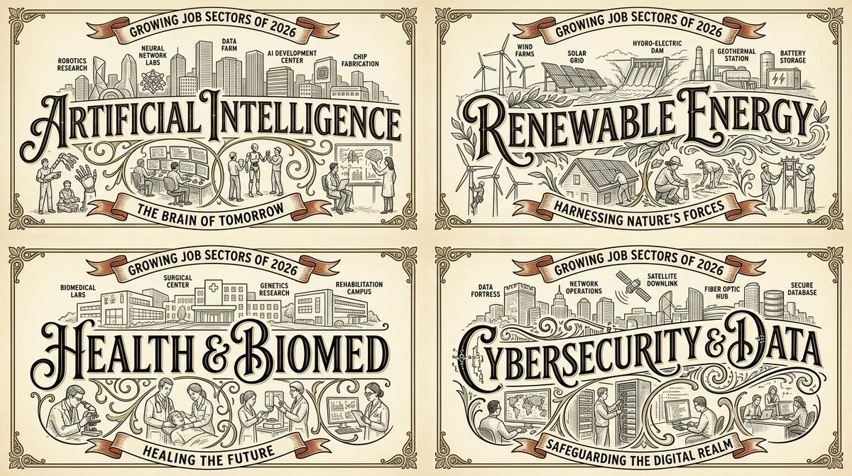 Vintage line art grid maps four booming 2026 job sectors