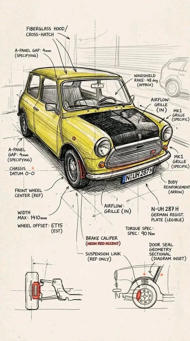 Vintage Mini Cooper Engineering Sketch