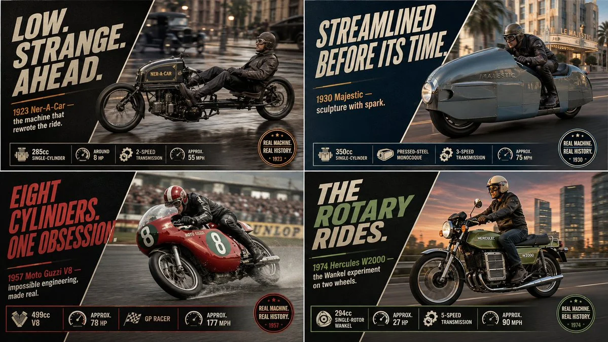Vintage motorcycles race through a split-screen ad layout