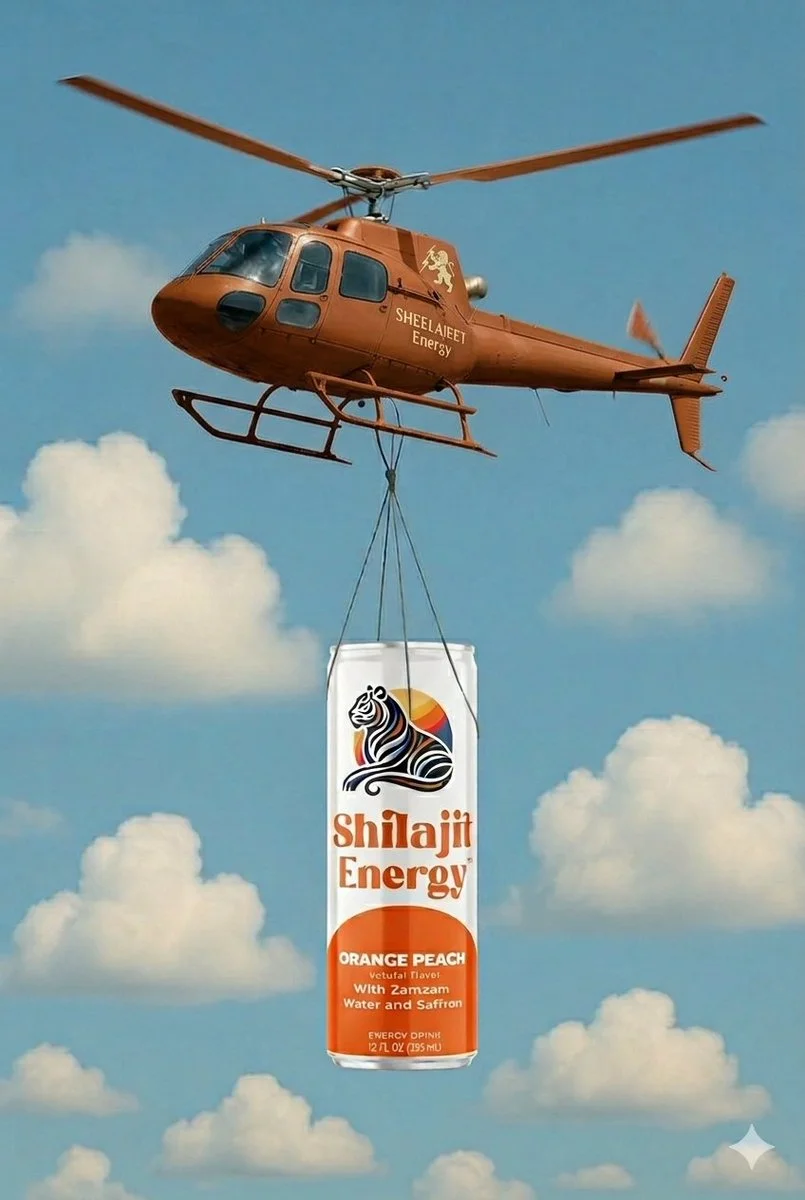 Vintage Orange Helicopter Showcases Shilajit Energy Drink in Flight