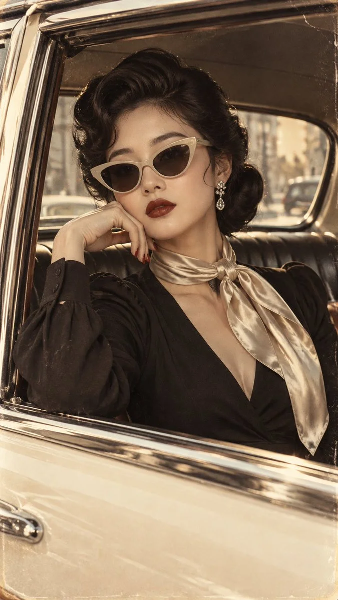 Vintage portrait of a woman with cat-eye glasses and silk scarf