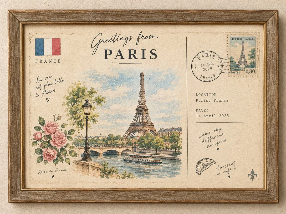 Vintage postcard in frame with landmark and handwritten travel notes.