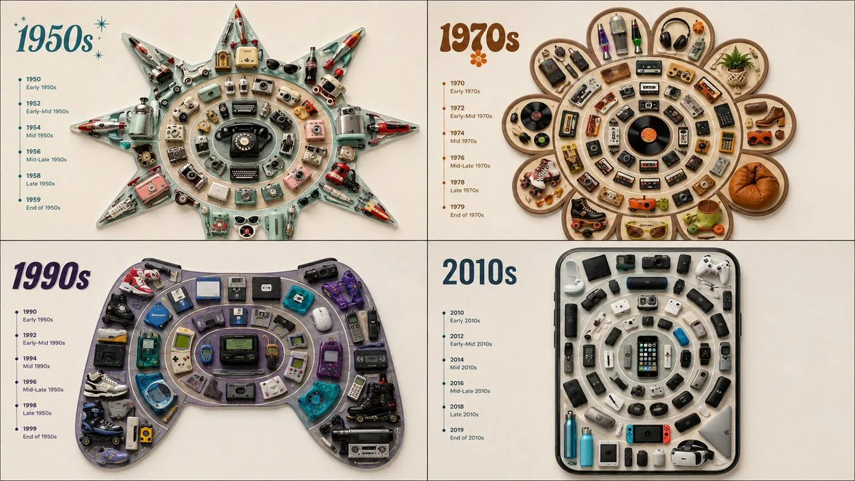 Vintage radios radiate outward in concentric rings forming a guitar silhouette.