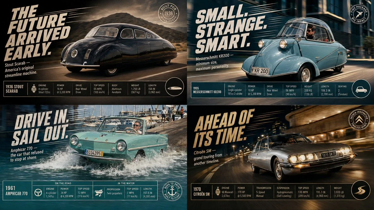 Vintage sports cars race through a desert dust storm at sunset