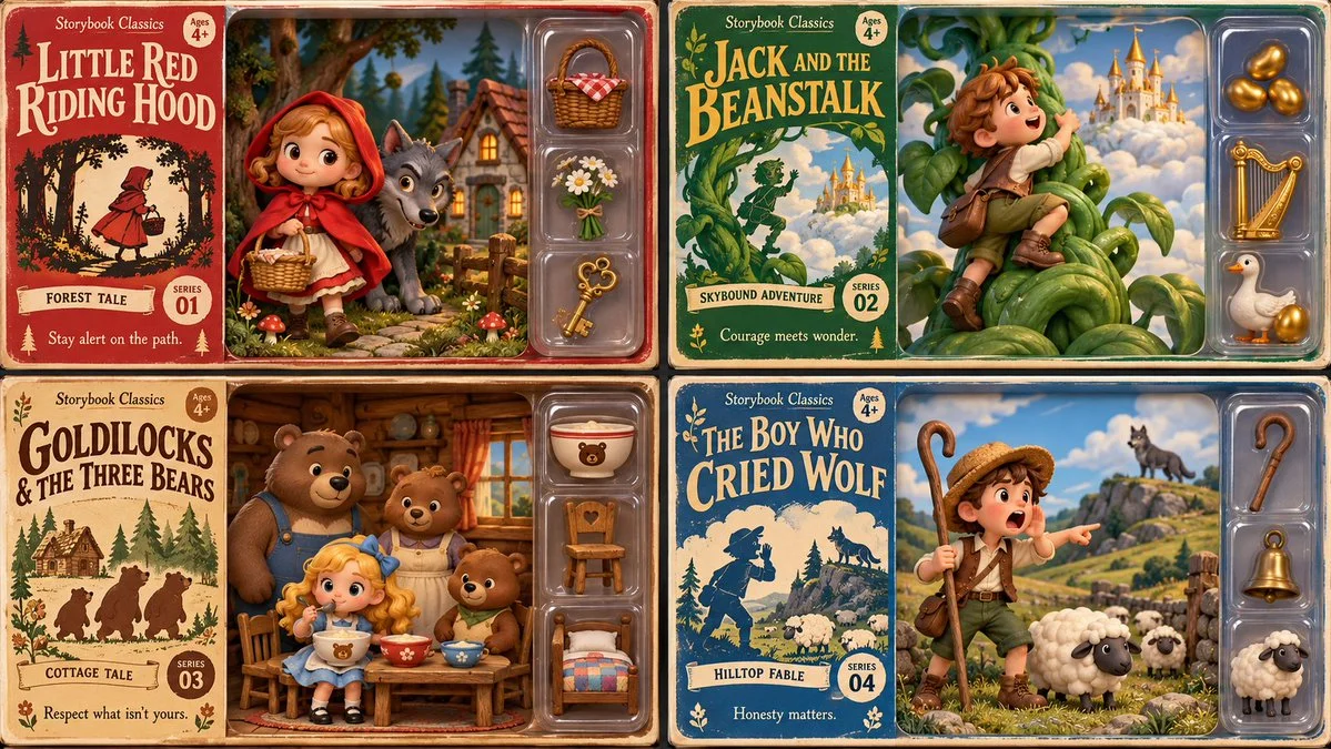 Vintage toy packaging dioramas bring four legendary bedtime stories to life