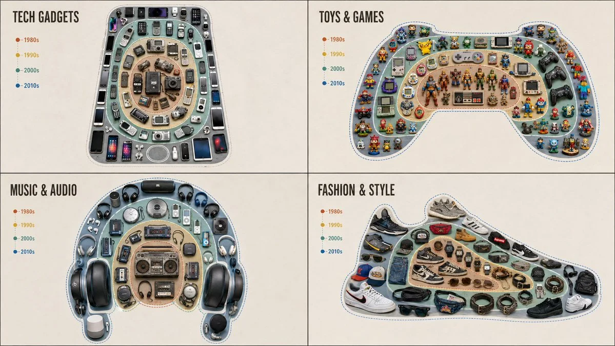 Vintage toys and gadgets form a tree ring silhouette