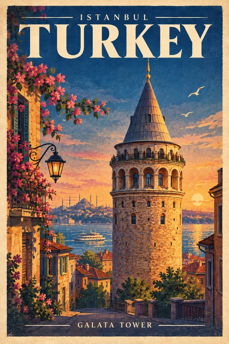 Vintage Travel Poster of Eiffel Tower Glowing Under Twilight Paris Sky